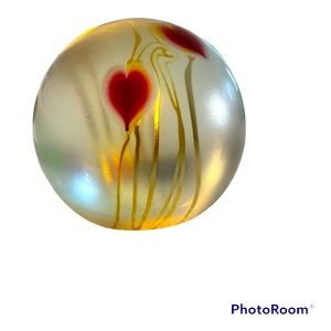 Correia Hand Blown Glass Paperweight featuring a string of Red Hearts with Gold